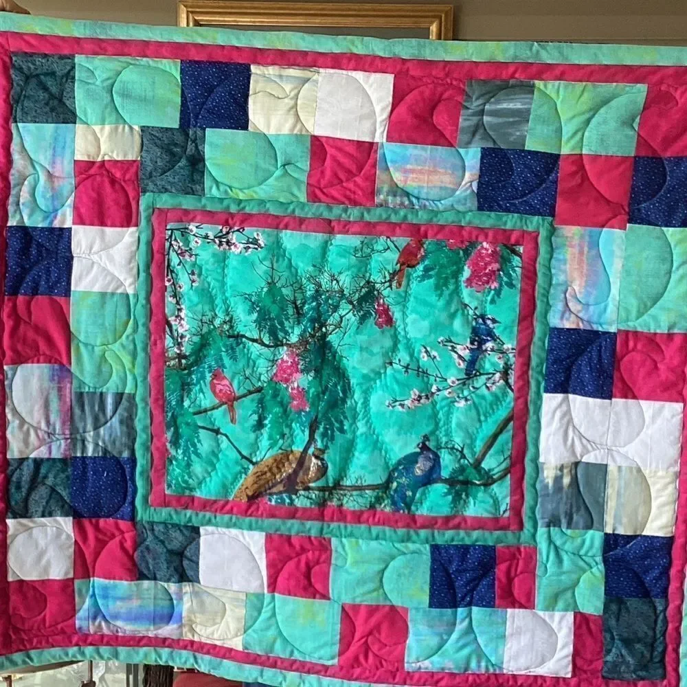 NWT Hand Crafted Turquoise Birds in Cherry Blossom Tree Quilt